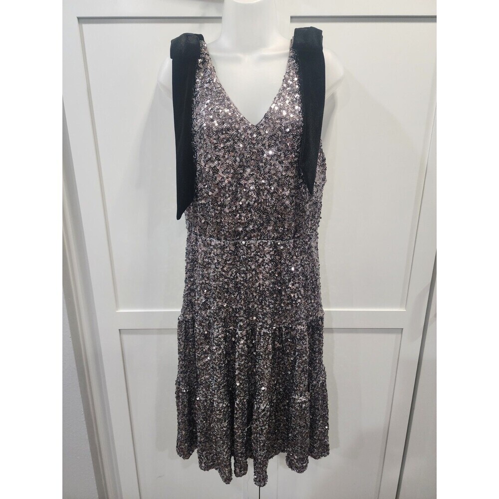 NEW MNK Tiered Charcoal Sequin Dress with Black Bow Straps, Size Large